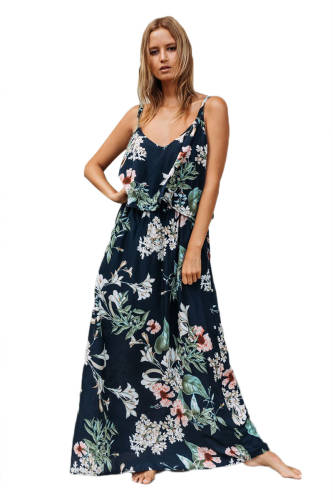 U701-244 rochie chic lunga, de vara, stil maxi cu imprimeu floral si volanas