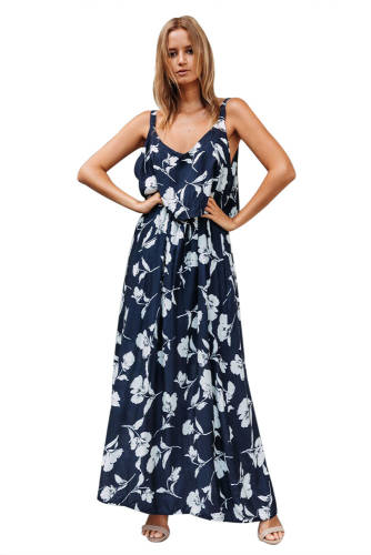 U701-424 rochie chic lunga, de vara, stil maxi cu imprimeu floral si volanas