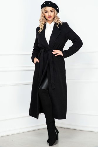Palton dama negru elegant lung cu cordon in talie