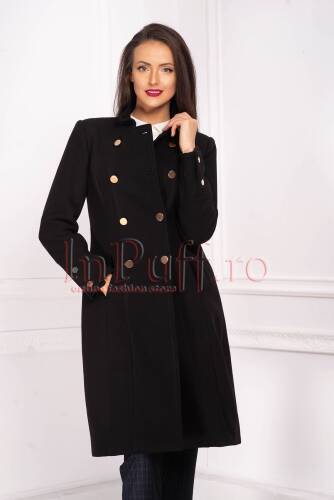Palton de dama moze negru din stofa cu guler tip tunica si nasturi aurii