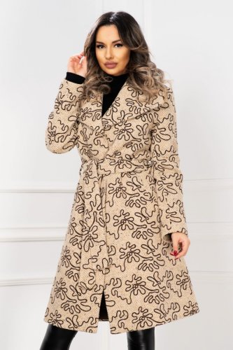 Palton elegant dama bej effect matlasat din stofa cu flori conturate cu catifea