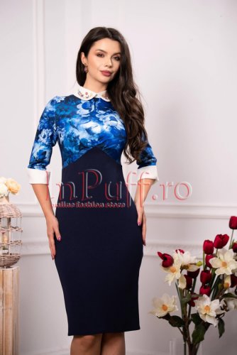 Rochie casual bleumarin cu imprimeu floral albastru