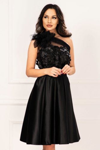 Rochie de lux neagra eleganta din tafta in clos cu flori 3d