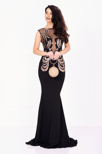 Rochie de seara eleganta lunga bekky neagra cu model din paiete aurii