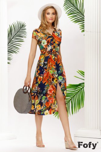 Rochie de vara vaporoasa fofy stil camasa cu imprimeu tropical