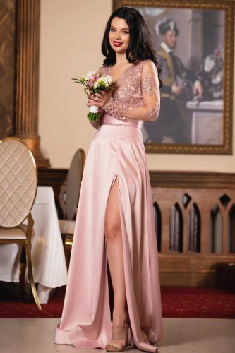 Rochie eleganta de seara joana din tafta roz lunga cu bust din dantela