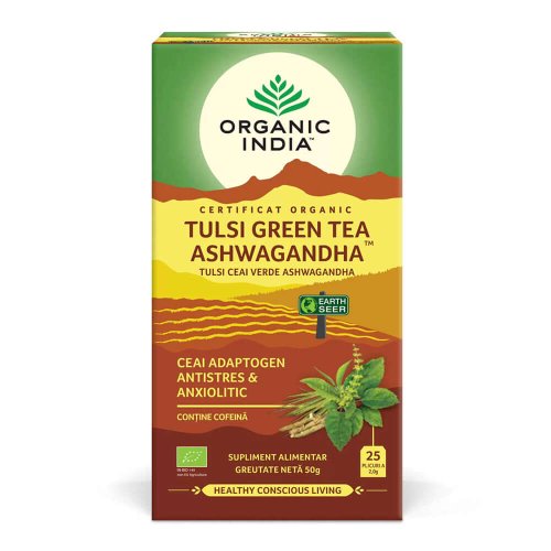 Ceai adaptogen tulsi ashwagandha si ceai verde-anxiolitic organic india, bio, 25 plicuri