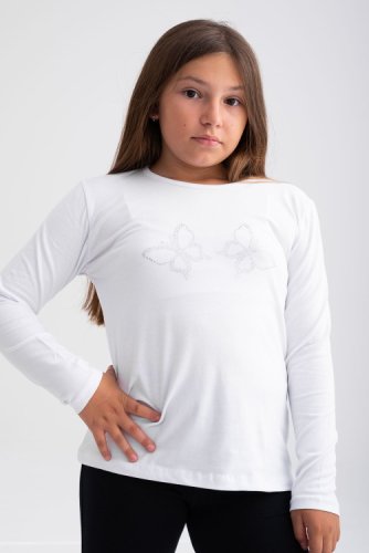 Bluza alba cu maneca lunga cu strasuri in forma de fluturi pentru fete 12 ani (141-151 cm)