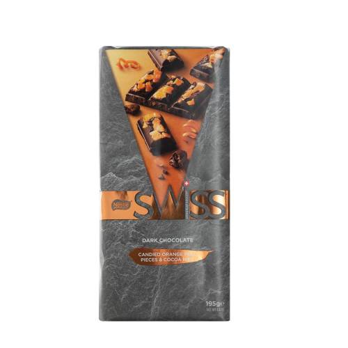 Dark chocolate - candied orange peel pices & cocoa nibs 195gr