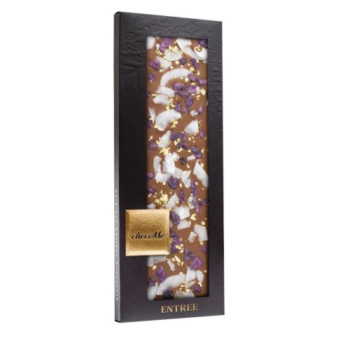 Milk chocolate with violet petals and gold flakes 110gr