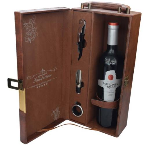 Cutie cadou tip cufar pentru vin, model premium cu maner si accesorii incluse, maro