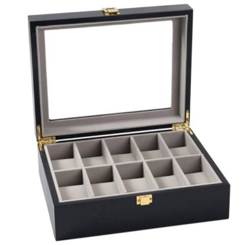 Cutie caseta din lemn pentru depozitare si organizare 10 ceasuri, model pufo premium, negru