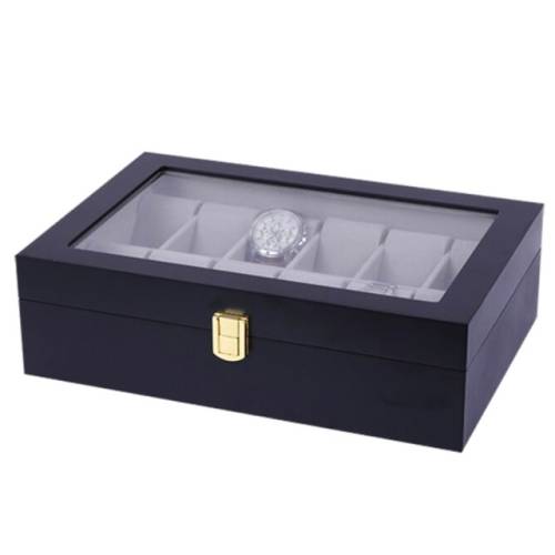 Cutie caseta din lemn pentru depozitare si organizare 12 ceasuri, model pufo premium, negru
