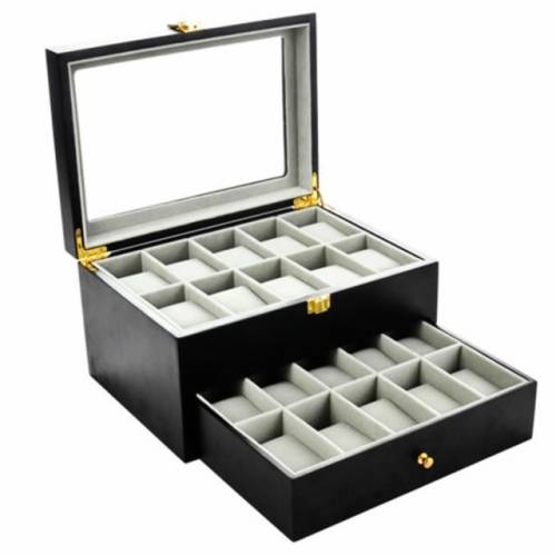 Cutie caseta din lemn pentru depozitare si organizare 20 ceasuri, model premium cu sertar, pufo