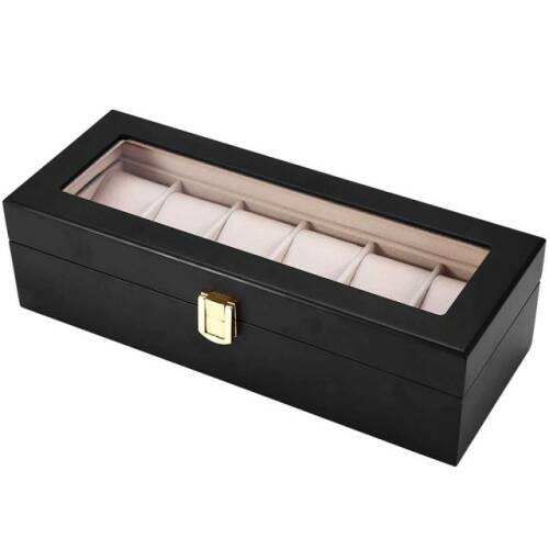 Cutie caseta din lemn pentru depozitare si organizare 6 ceasuri, model pufo imperial, negru lucios