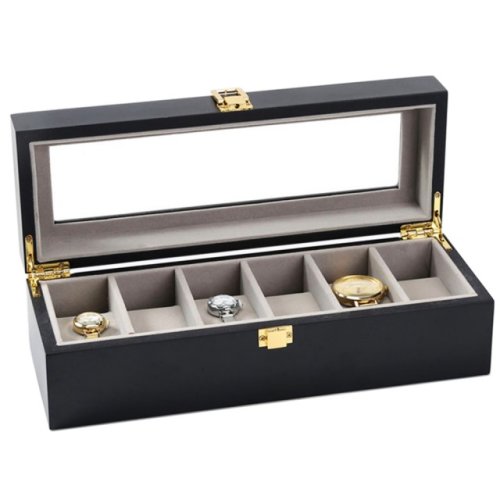 Cutie caseta din lemn pentru depozitare si organizare 6 ceasuri, model pufo premium, negru