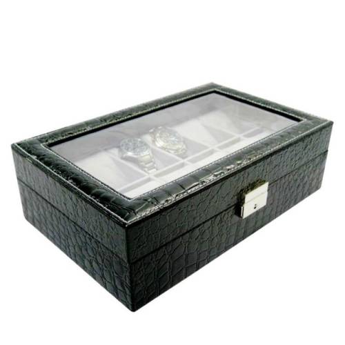 Cutie caseta eleganta depozitare cu compartimente pentru 12 ceasuri, imprimeu crocodil, negru
