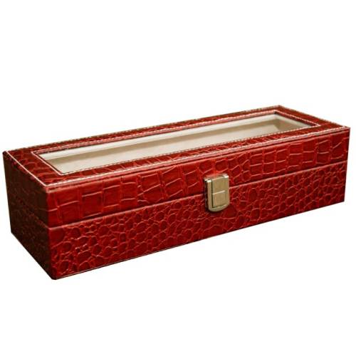 Cutie caseta eleganta depozitare cu compartimente pentru 6 ceasuri, imprimeu crocodil, rosu