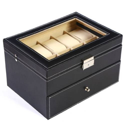 Cutie caseta eleganta depozitare cu sertar si compartimente pentru 20 ceasuri, negru