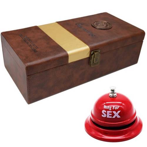 Pachet cutie cadou tip cufar pentru vin, model premium cu maner si accesorii incluse, maro + sonerie receptie amuzanta ”ring for sex”