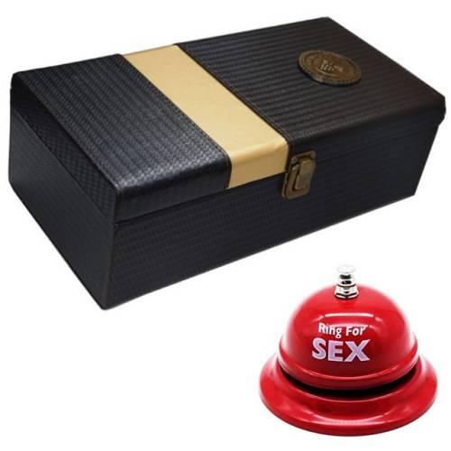 Pachet cutie cadou tip cufar pentru vin, model premium cu maner si accesorii incluse, negru + sonerie receptie amuzanta ”ring for sex”