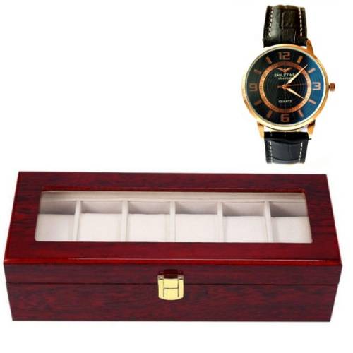 Pachet cutie caseta din lemn pentru depozitare si organizare 6 ceasuri, model premium + ceas barbatesc slim