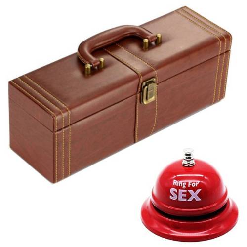 Pachet geanta tip cufar pentru vin, model vintage cu maner si accesorii incluse + sonerie receptie amuzanta ”ring for sex”
