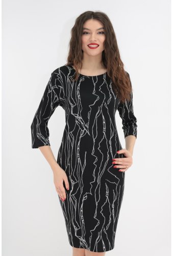 Rochie office neagra cu print abstract alb