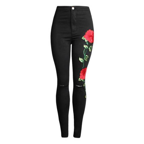Neer - Blugi de dama cu talia inalta, negri, cu broderie, jeans taiati cu imprimeu floral, pantaloni denim pentru femei — Euforia-Mall.ro