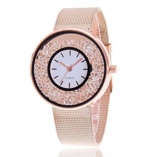 Neer Ceas modern, de culoarea aurului roz, cu bratara din otel inoxidabil, cu quartz, un ceas elegant de dama, cu strasuri si cristale