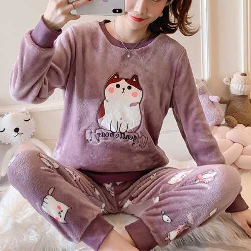 Neer Pijamale din plus pentru femei, cu modele aplicate, pijamale cu model stil pisica, potrivit pentru timpul liber