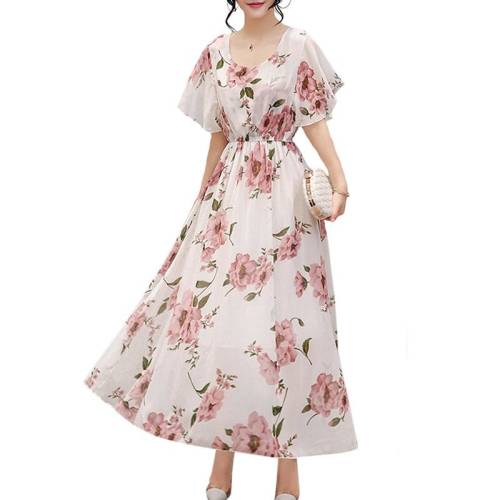 Neer Ruffles sleeve round collar maxi dress floral print elastic waist dress