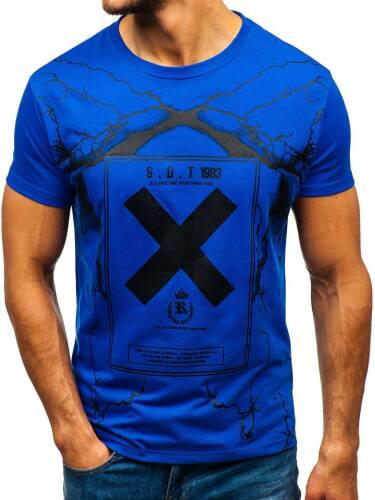 T-shirt cu imprimeu pentru bărbat albastru Bolf 10875