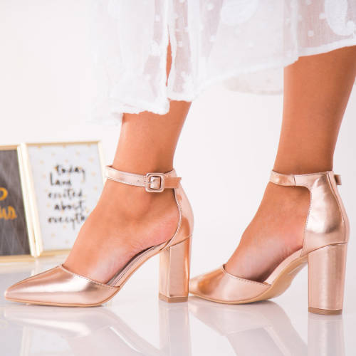 Pantofi dama cu toc piele ecologica roz auriu benny b7803