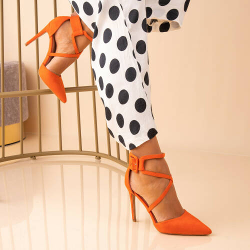 Pantofi stiletto dama piele ecologica intoarsa portocalii vondra b7142
