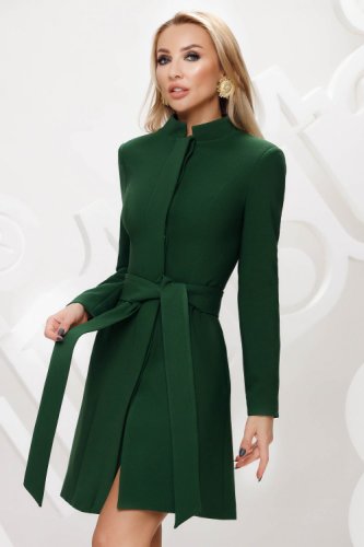 Palton artista verde cu buzunare laterale si croiala cambrata