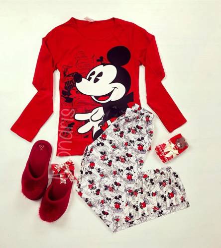 manual Sedative fair Pijama dama ieftina bumbac lunga cu bluza rosie cu maneca lunga si  pantaloni lungi gri cu imprimeu Mickey Mouse Vintage — Euforia-Mall.ro