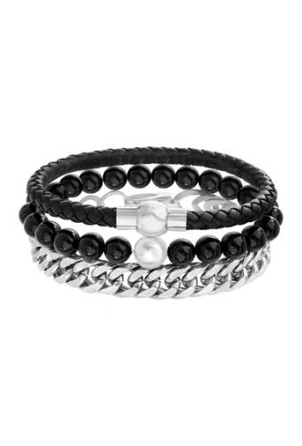Bijuterii barbati reinforcements beaded leather cuban link chain 3-piece bracelet set black silver