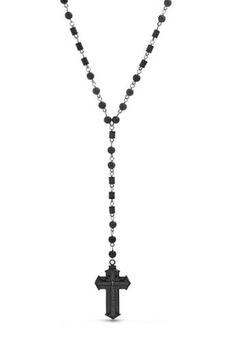 Bijuterii barbati reinforcements stainless steel cross black glass beaded necklace black