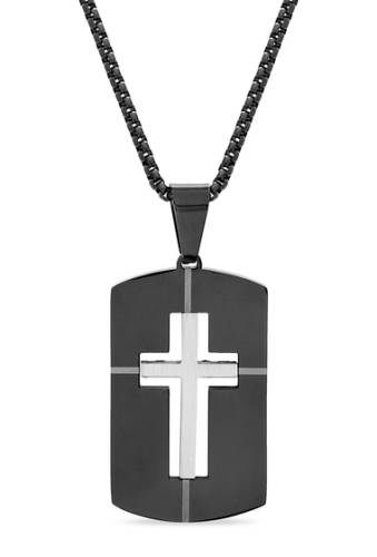 Bijuterii barbati reinforcements stainless steel two-tone cross center dog tag necklace black