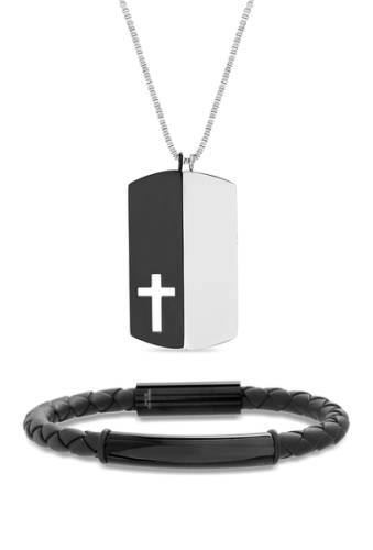 Bijuterii barbati reinforcements stainless steel two-tone prayercross dogtag necklace braided leather bracelet set black