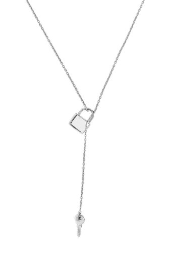 Bijuterii femei adornia sterling silver lock key lariat necklace metallic silver