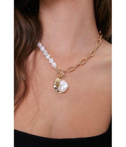 Bijuterii femei forever21 faux pearl hammered pendant necklace goldcream