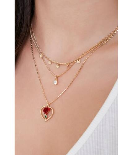 Bijuterii femei forever21 rose heart pendant layered necklace goldred