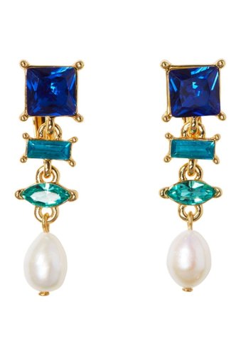 Bijuterii femei vince camuto multi colored shades of bluesgreens stone linear clip back earrings with 8mm freshwater pearl drop off goldblue multiivory pearl