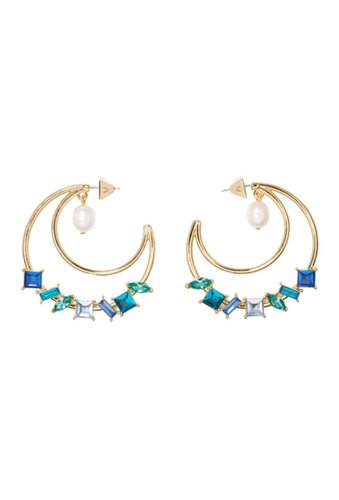 Bijuterii femei vince camuto statement post hoop earrings in multi colored crystal with 10mm freshwater pearl goldblue multiivory pearl