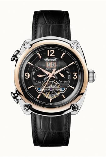 Ceasuri barbati ingersoll watches michigan automatic multifunction leather strap watch 45mm blackrose goldsilver