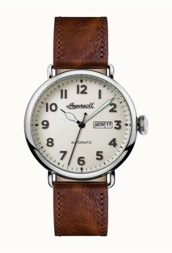 Ceasuri barbati ingersoll watches trenton automatic leather strap watch 44mm brownbeigesilver