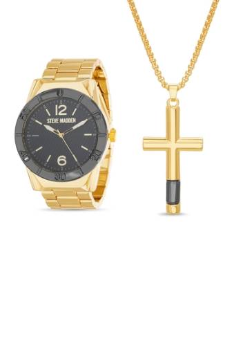 Ceasuri barbati steve madden mens gold-tone bracelet watch cross pendant 2-piece set gold
