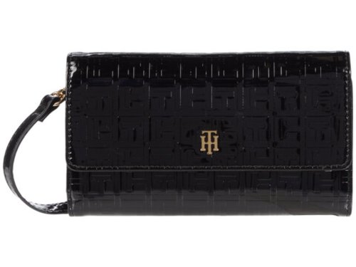 Genti femei tommy hilfiger wallet on a string square monogram embossed patent pvc black
